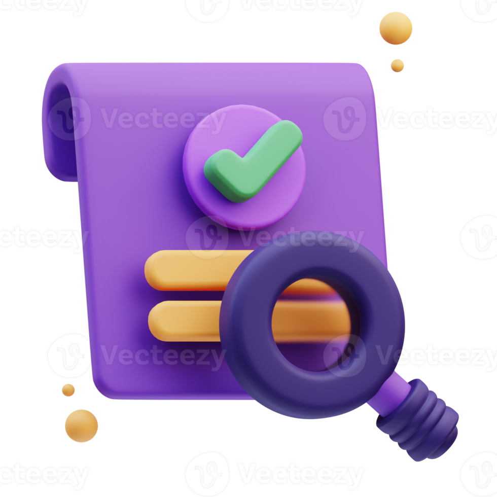 Magnifying glass with report Quality control, 3d Illustration png