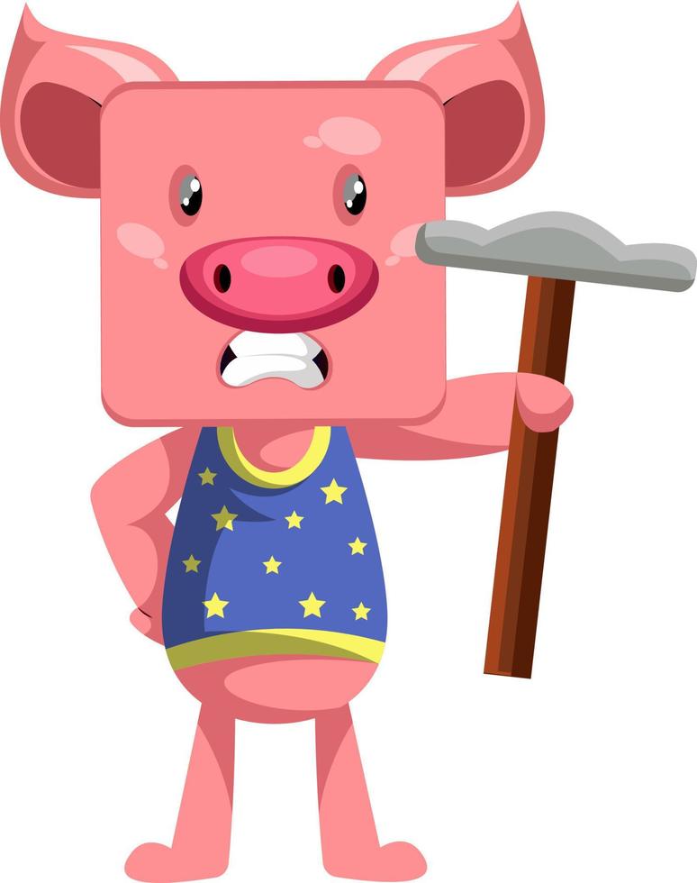 Cerdo con martillo, ilustración, vector sobre fondo blanco.
