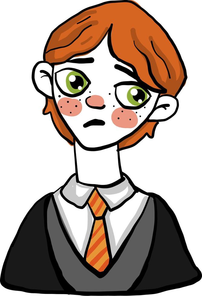 Sad ginger boy, illustration, vector on white background