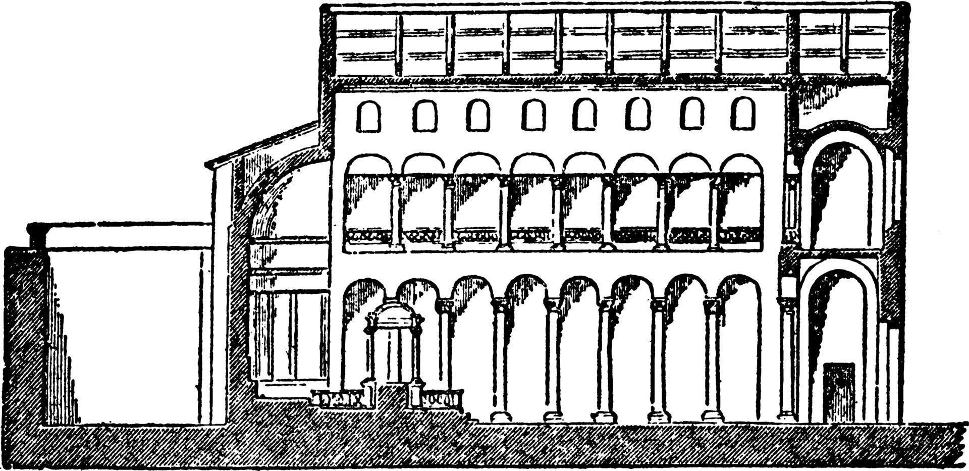 basílica de santa agnese, sección de basílica en roma, grabado antiguo. vector