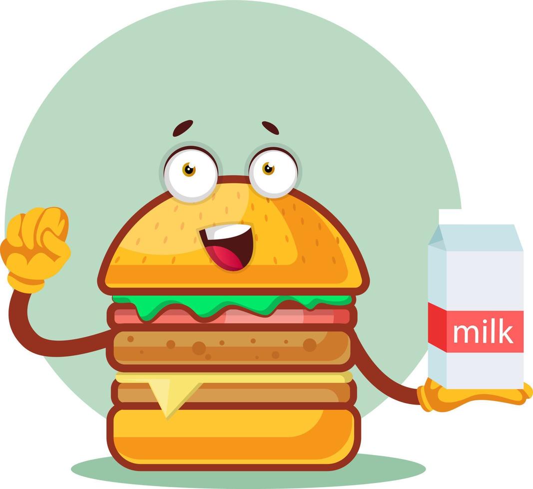 Burger is holding a milk, illustration, vector on white background.