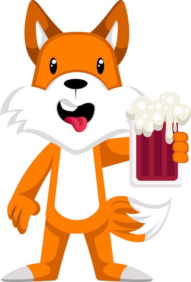 Fox with beer, illustration, vector on white background.