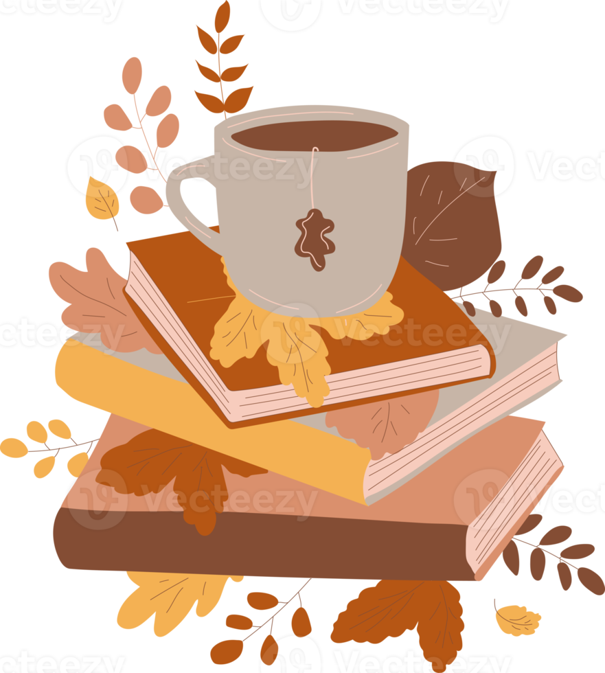 books , cup. Autumn evening atmosphere for reading books. Modern flat cartoon style. png
