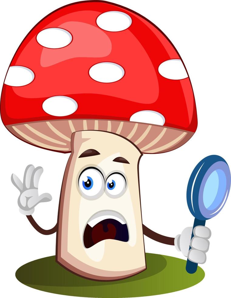 Mushroom with magnifying glass, illustration, vector on white background.