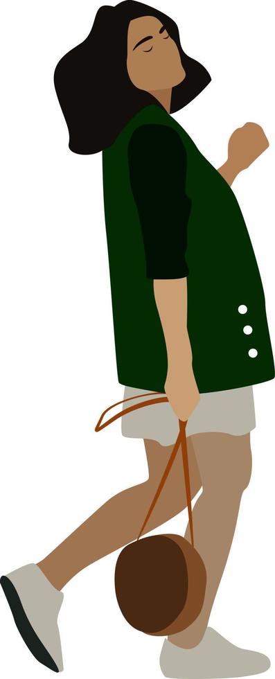 Girl with green coat, illustration, vector on white background.