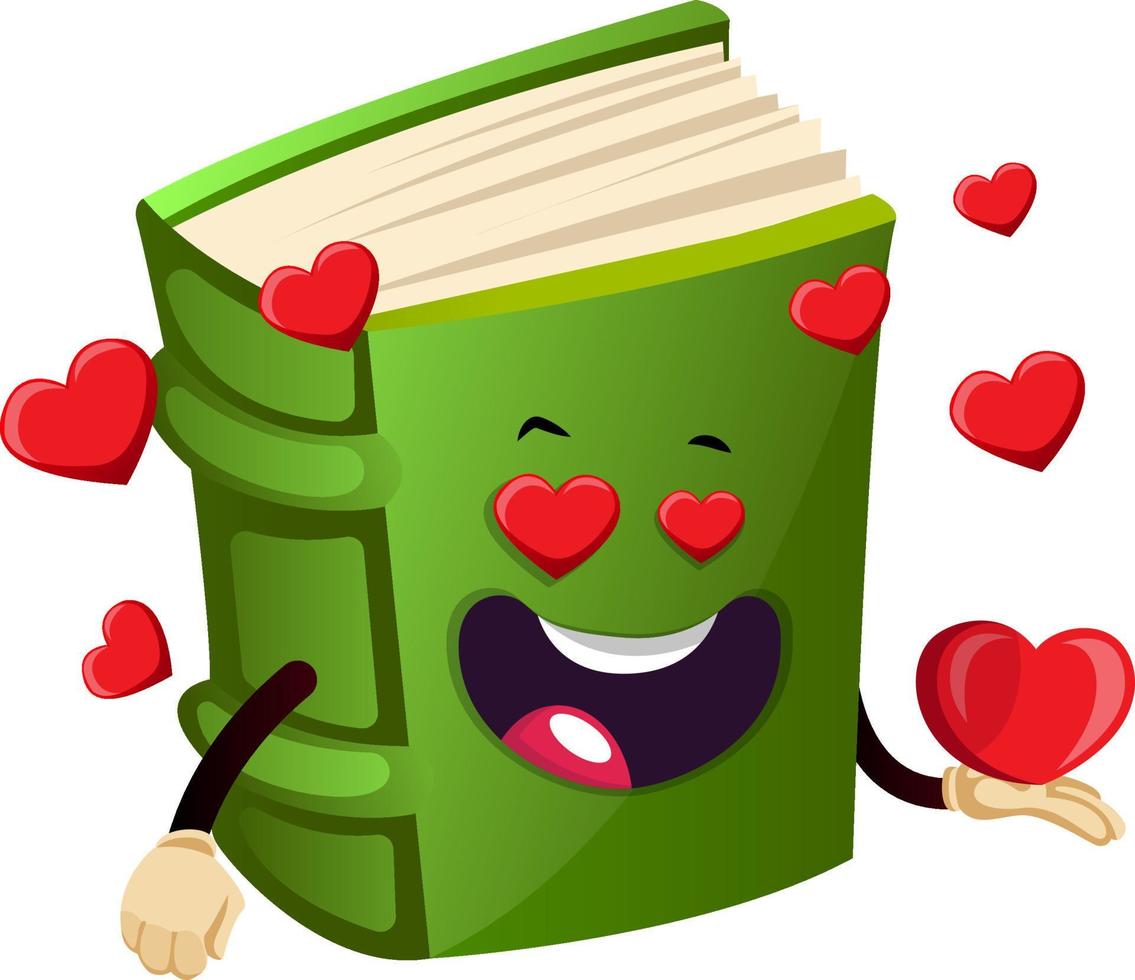 Cartoon book character is holding heart, illustration, vector on white background.