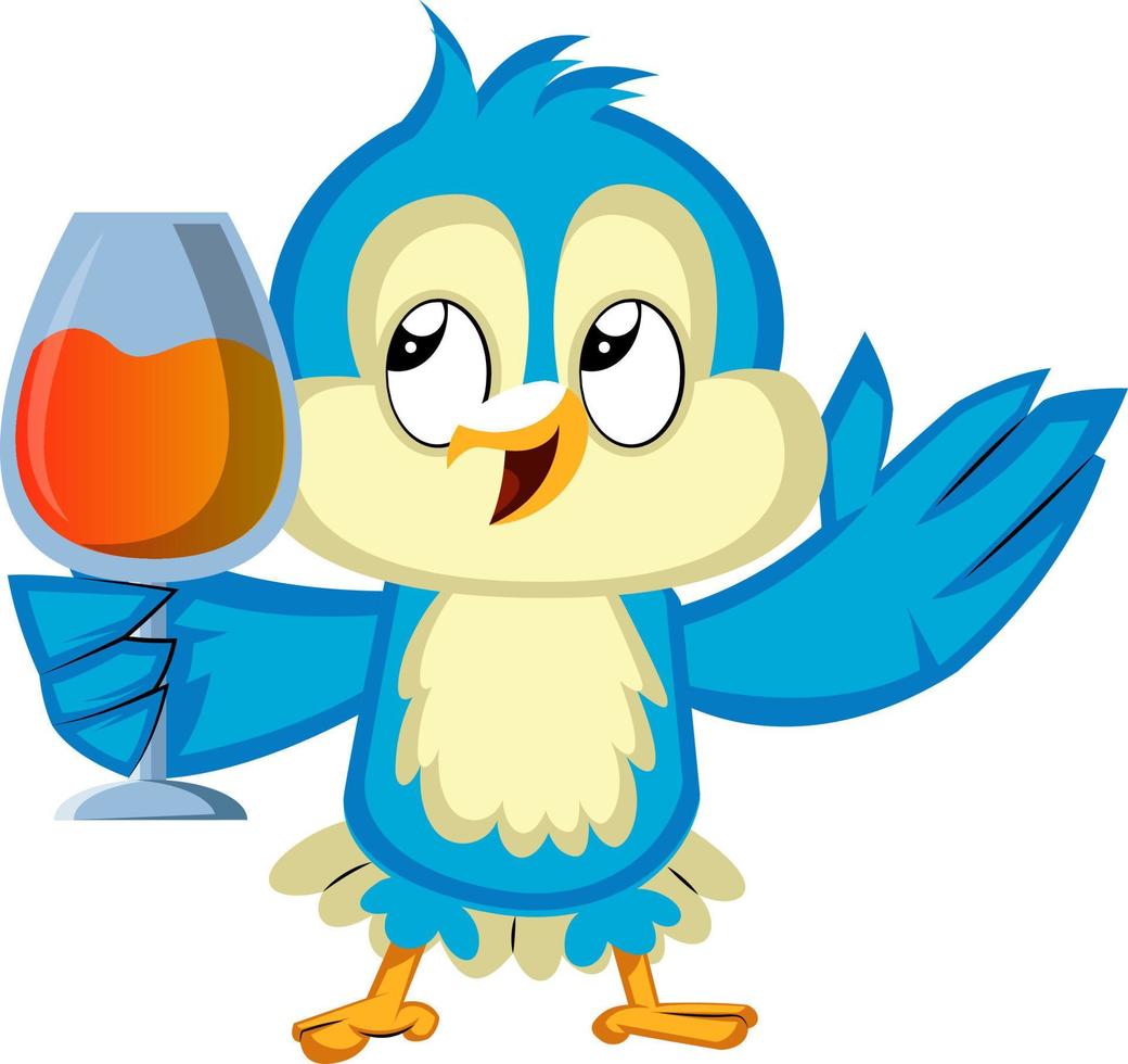 Blue bird is holding a wine glass, illustration, vector on white background.