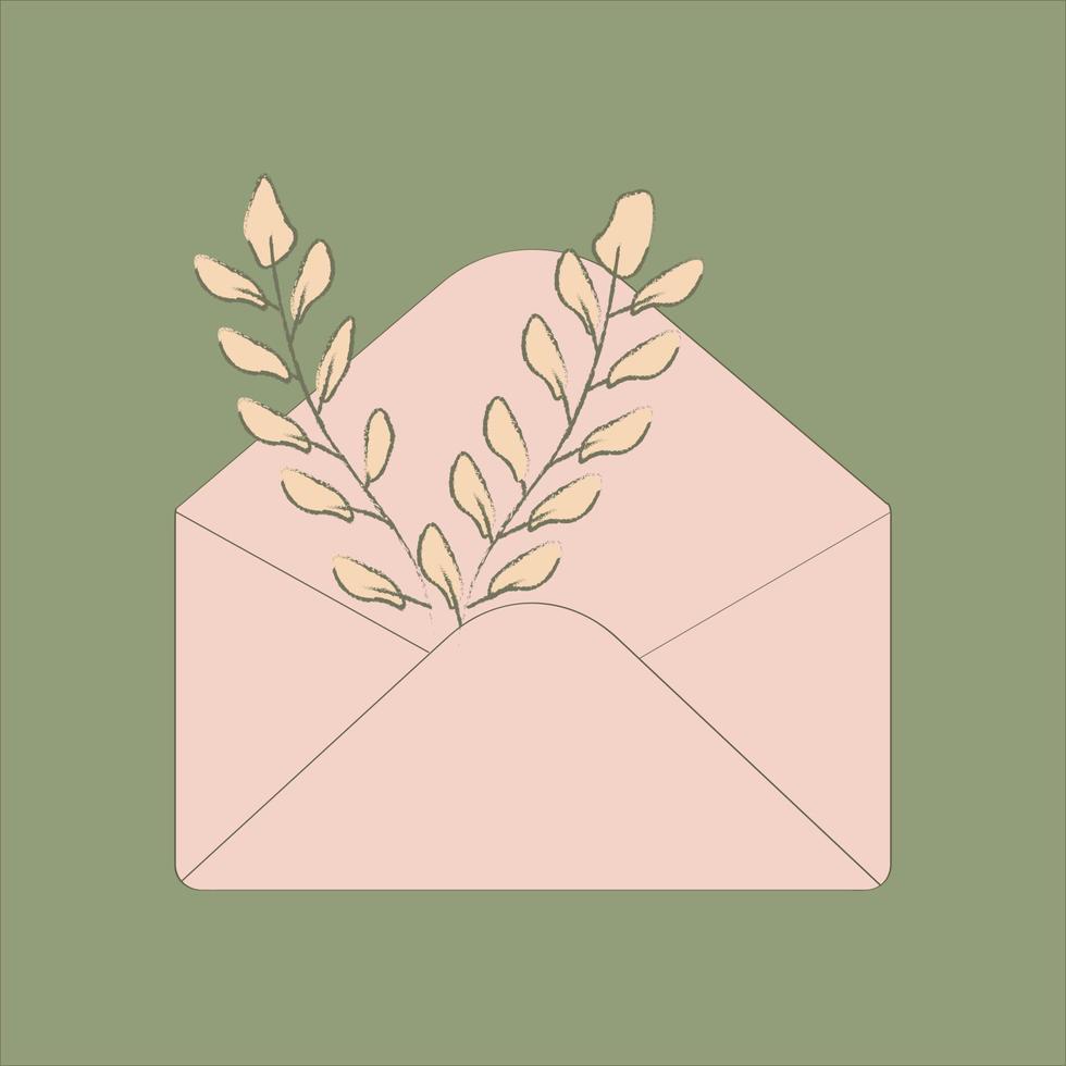 Envelope with flowers, illustration, vector on white background.