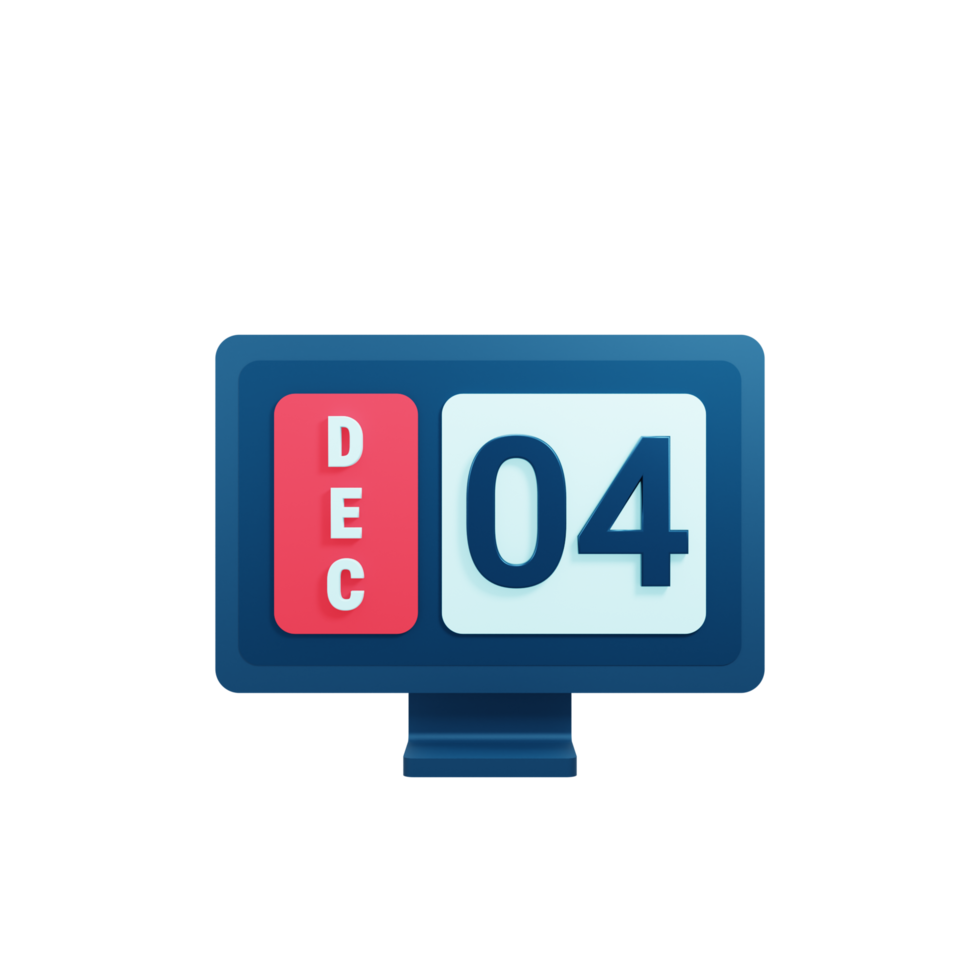 L'icône du calendrier de décembre 3d illustration avec la date du moniteur de bureau 04 décembre png