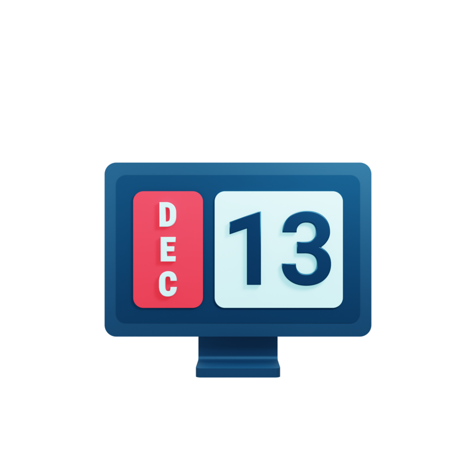 December Calendar Icon 3D Illustration with Desktop Monitor Date December 13 png