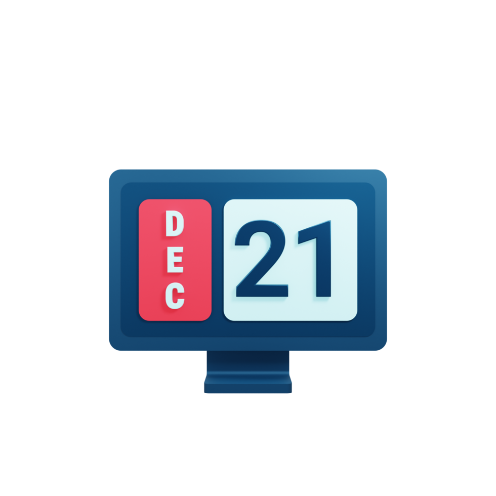 December Calendar Icon 3D Illustration with Desktop Monitor Date December 21 png