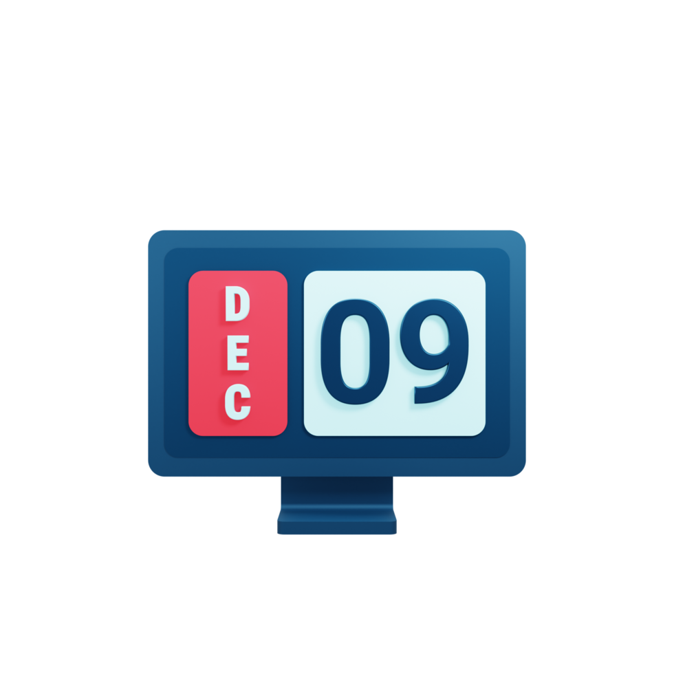 December Calendar Icon 3D Illustration with Desktop Monitor Date December 09 png