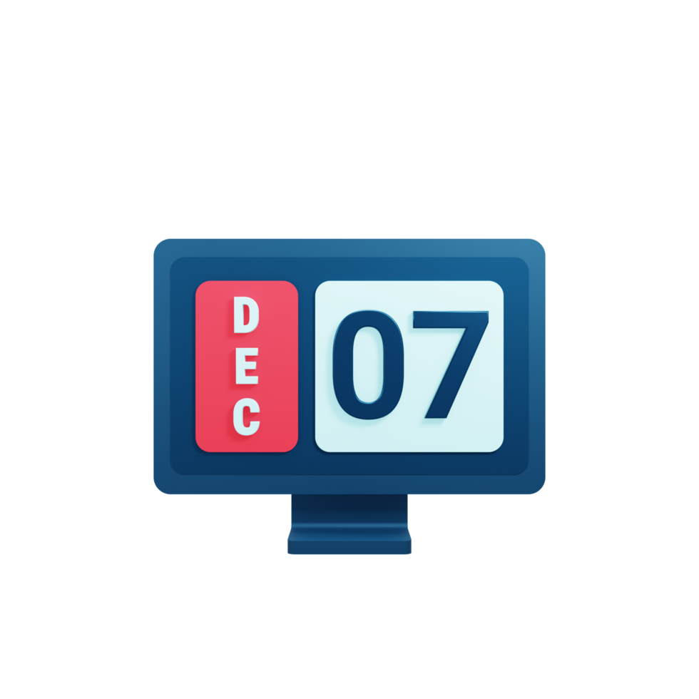 ilustração 3d de ícone de calendário de dezembro com data de monitor de desktop 07 de dezembro png