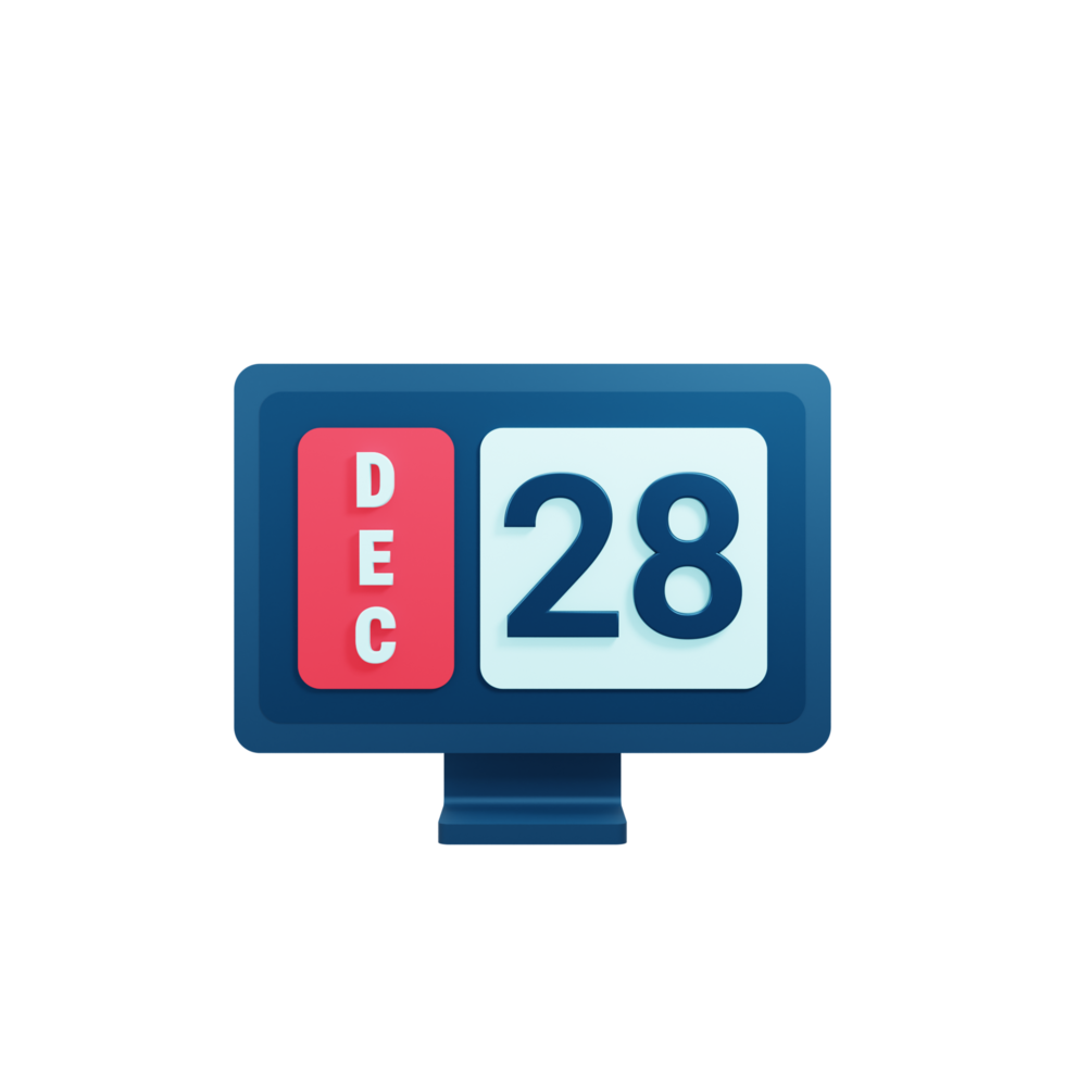 December Calendar Icon 3D Illustration with Desktop Monitor Date December 28 png