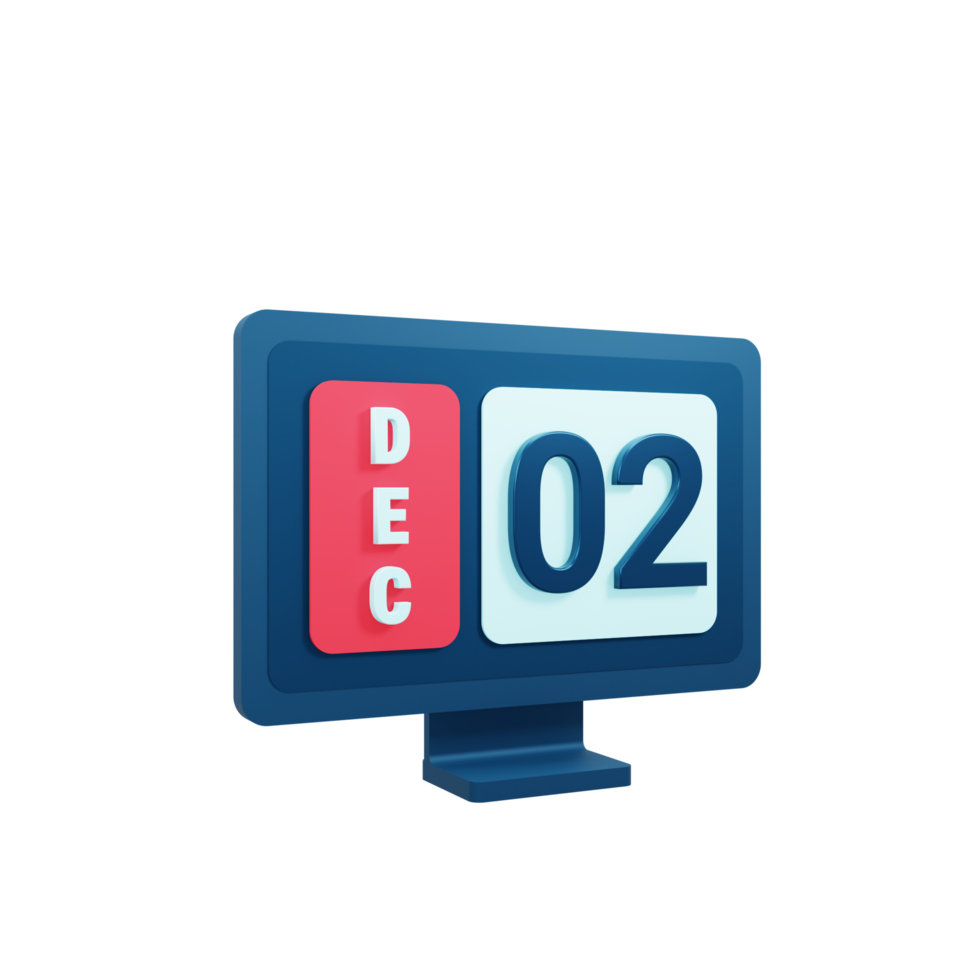 December Calendar Icon 3D Illustration with Desktop Monitor Date December 02 png