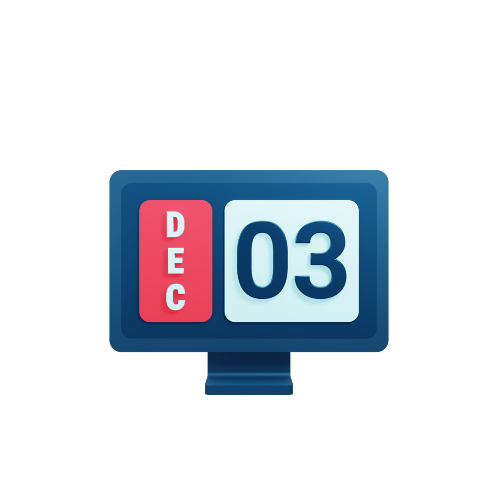 December Calendar Icon 3D Illustration with Desktop Monitor Date December 03 png