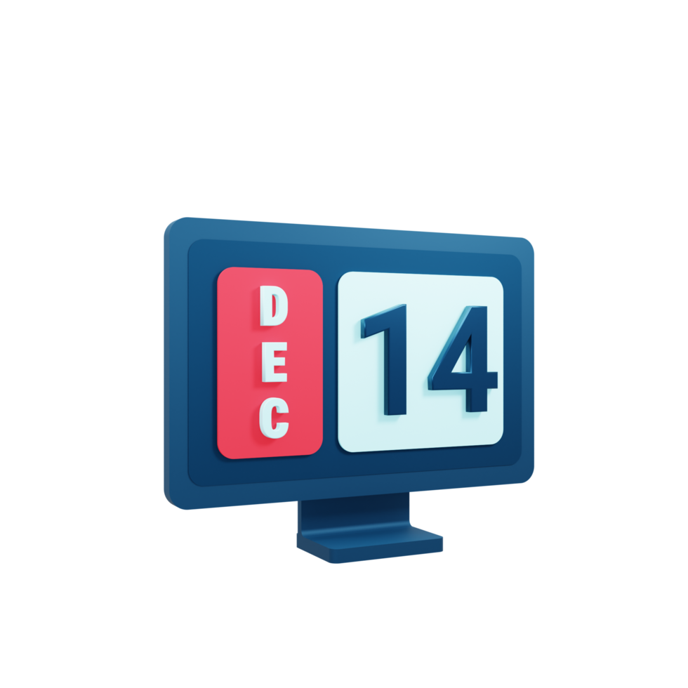 December Calendar Icon 3D Illustration with Desktop Monitor Date December 14 png