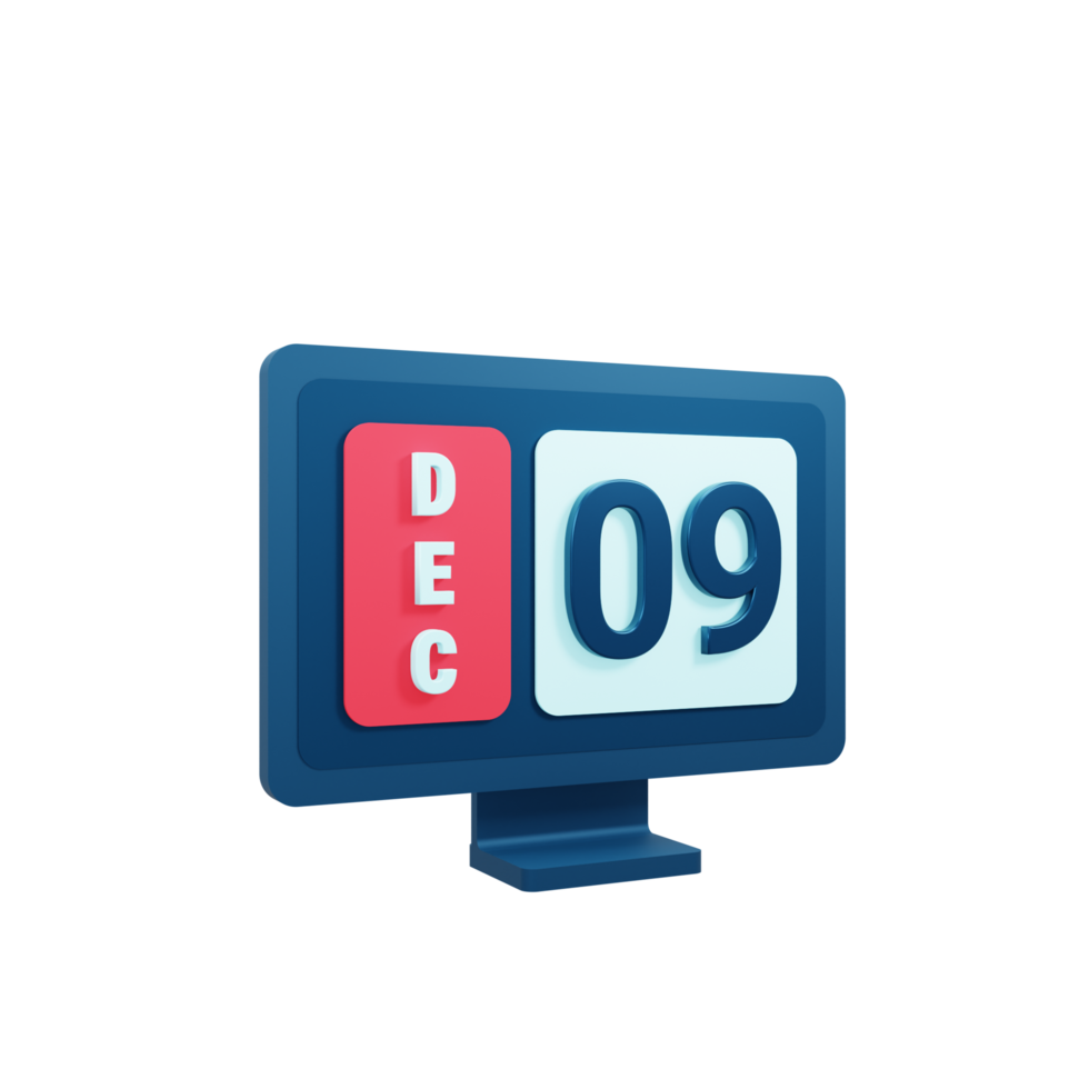 December Calendar Icon 3D Illustration with Desktop Monitor Date December 09 png