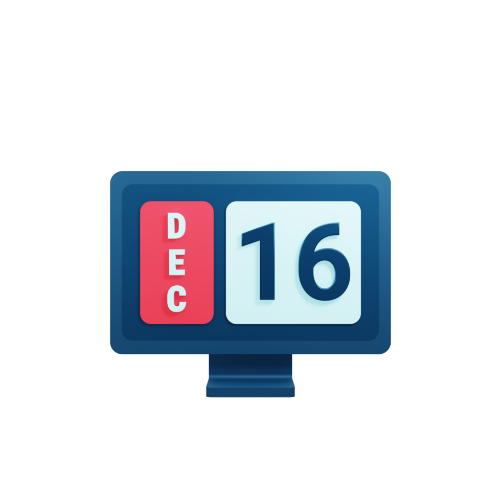 icono de calendario de diciembre ilustración 3d con monitor de escritorio fecha 16 de diciembre png
