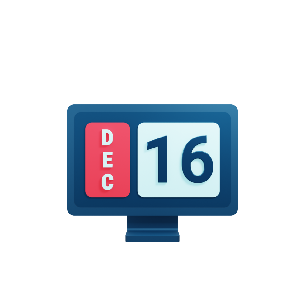 December Calendar Icon 3D Illustration with Desktop Monitor Date December 16 png