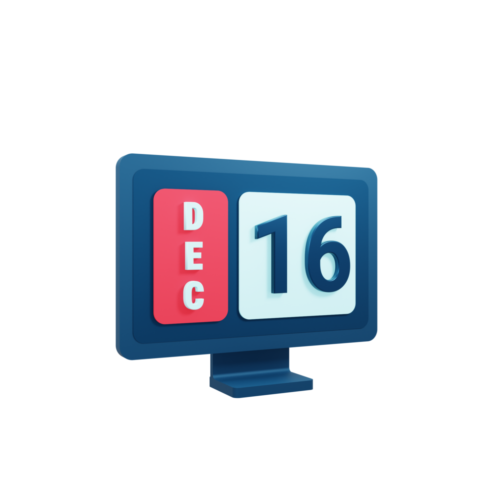 December Calendar Icon 3D Illustration with Desktop Monitor Date December 16 png