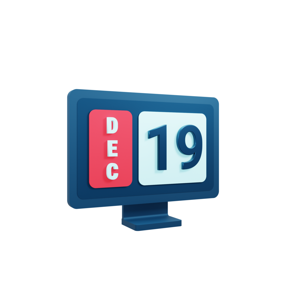 December Calendar Icon 3D Illustration with Desktop Monitor Date December 19 png