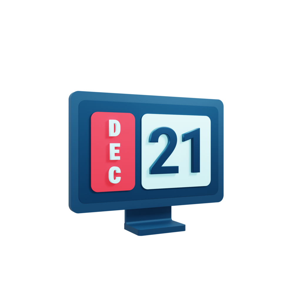 December Calendar Icon 3D Illustration with Desktop Monitor Date December 21 png