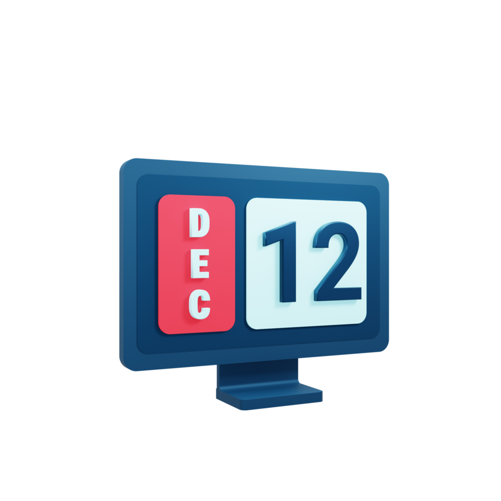 December Calendar Icon 3D Illustration with Desktop Monitor Date December 12 png