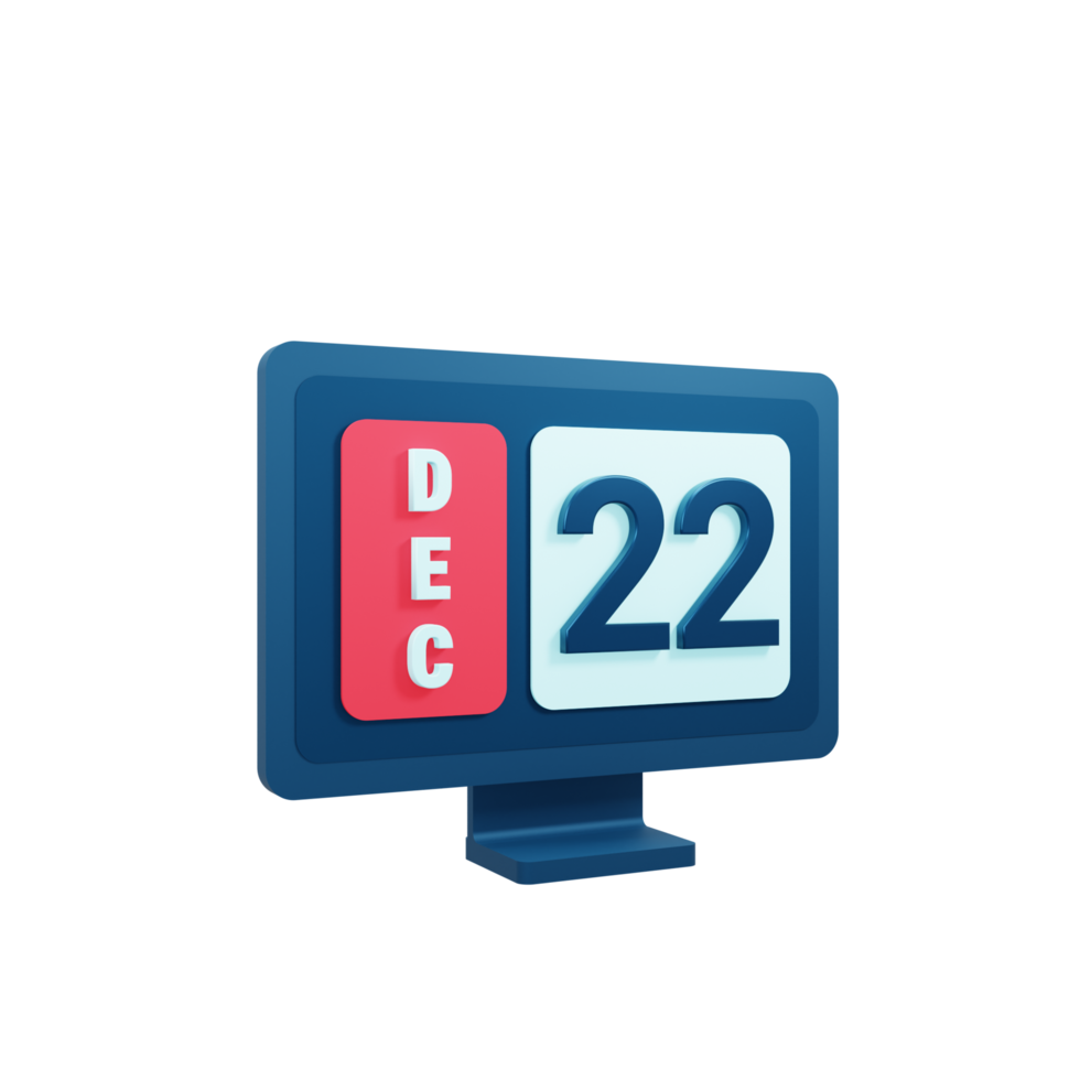 December Calendar Icon 3D Illustration with Desktop Monitor Date December 22 png