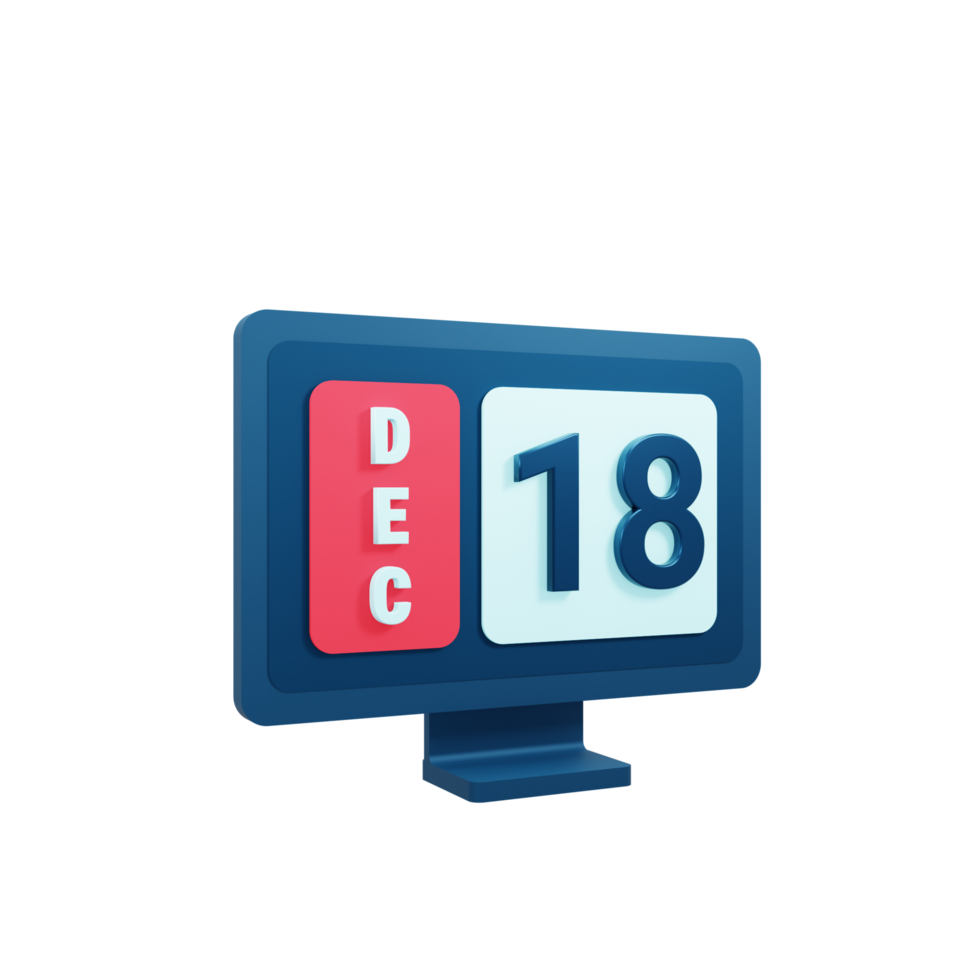 December Calendar Icon 3D Illustration with Desktop Monitor Date December 18 png