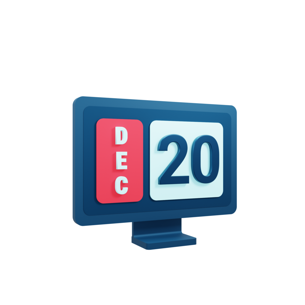 December Calendar Icon 3D Illustration with Desktop Monitor Date December 20 png