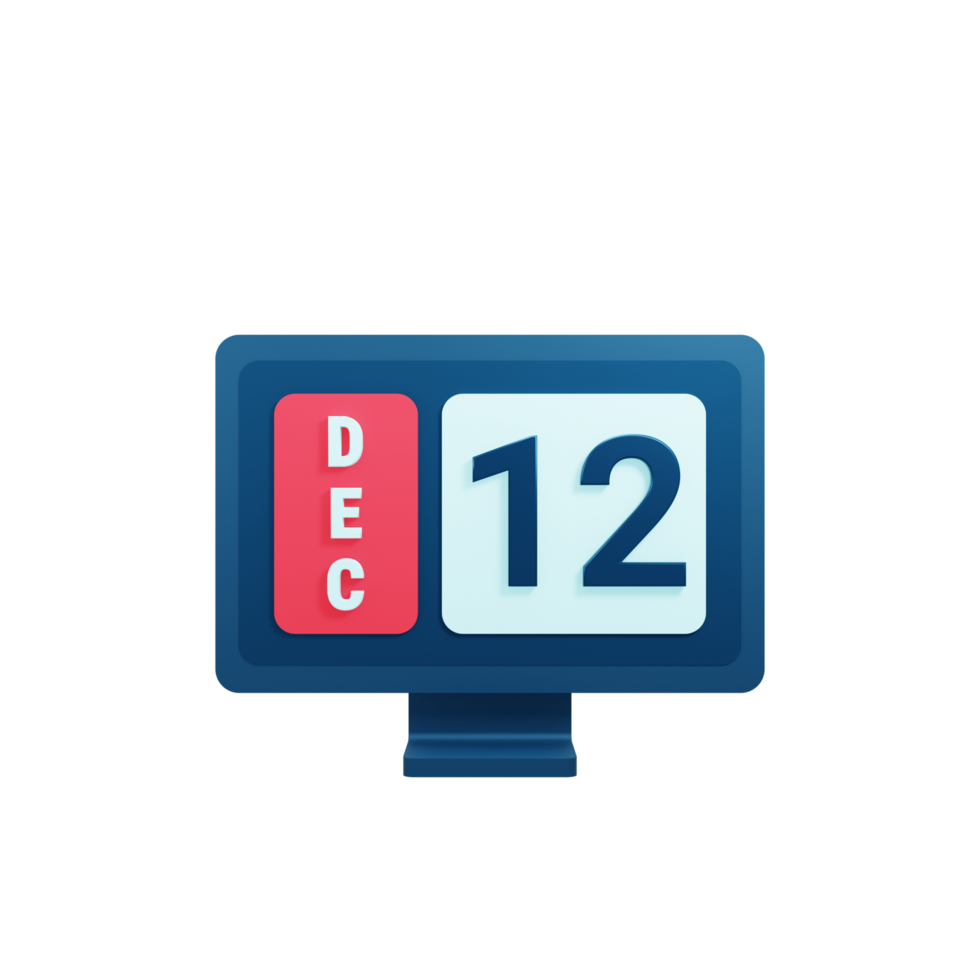 December Calendar Icon 3D Illustration with Desktop Monitor Date December 12 png
