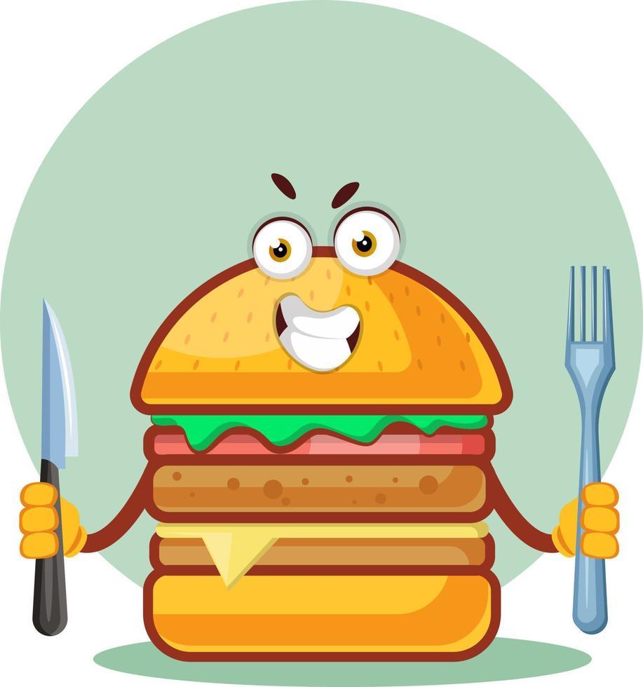 Burger está sosteniendo un cuchillo y un tenedor, ilustración, vector sobre fondo blanco.