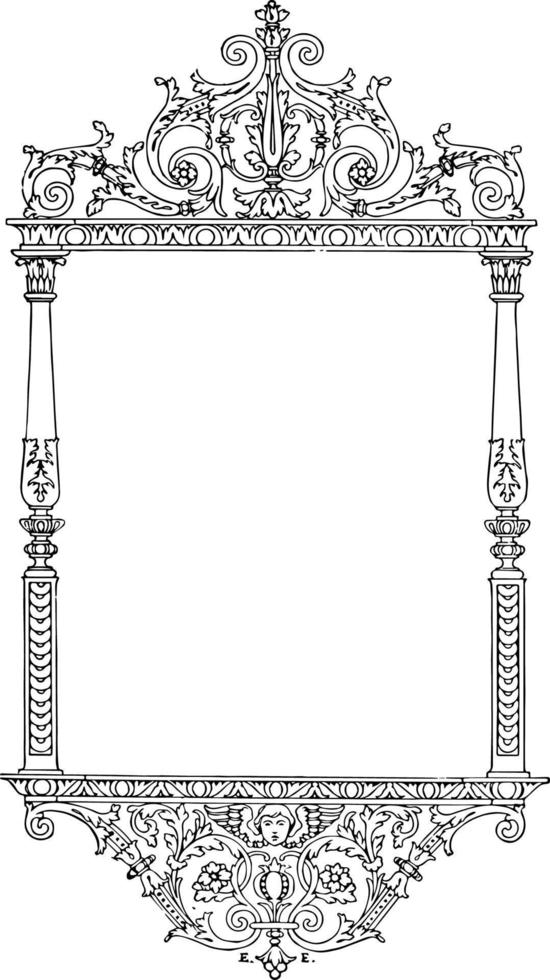 el borde de estilo barroco tiene una cara en la parte inferior, grabado antiguo. vector