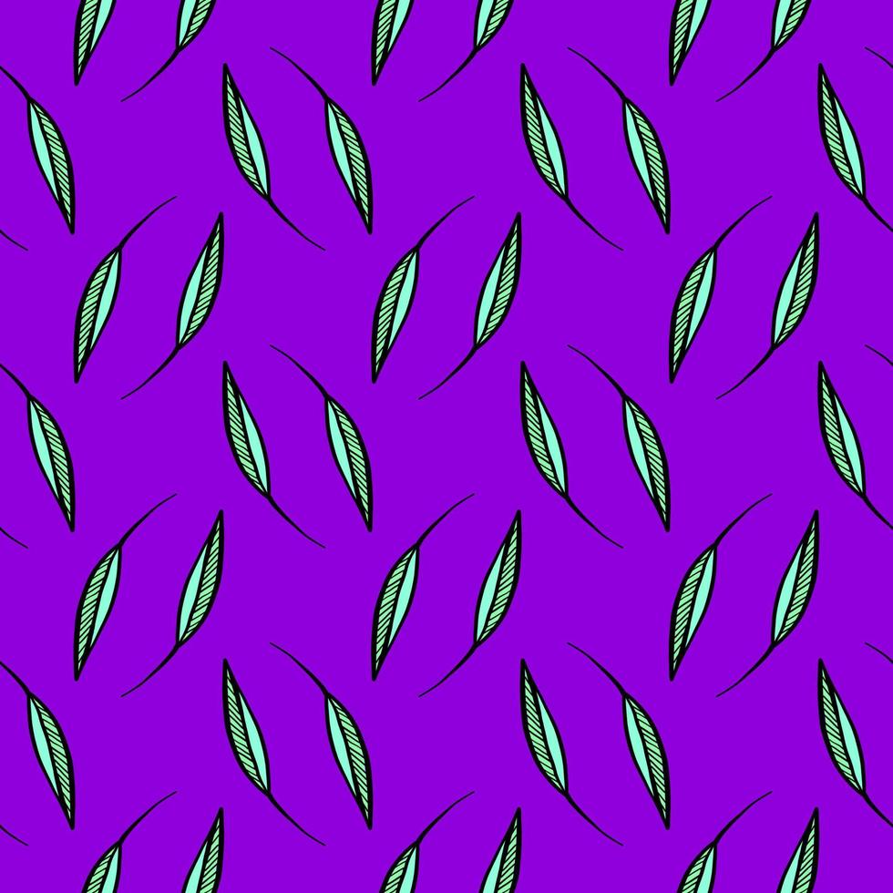 Thin leaves, seamless pattern on purple background. vector