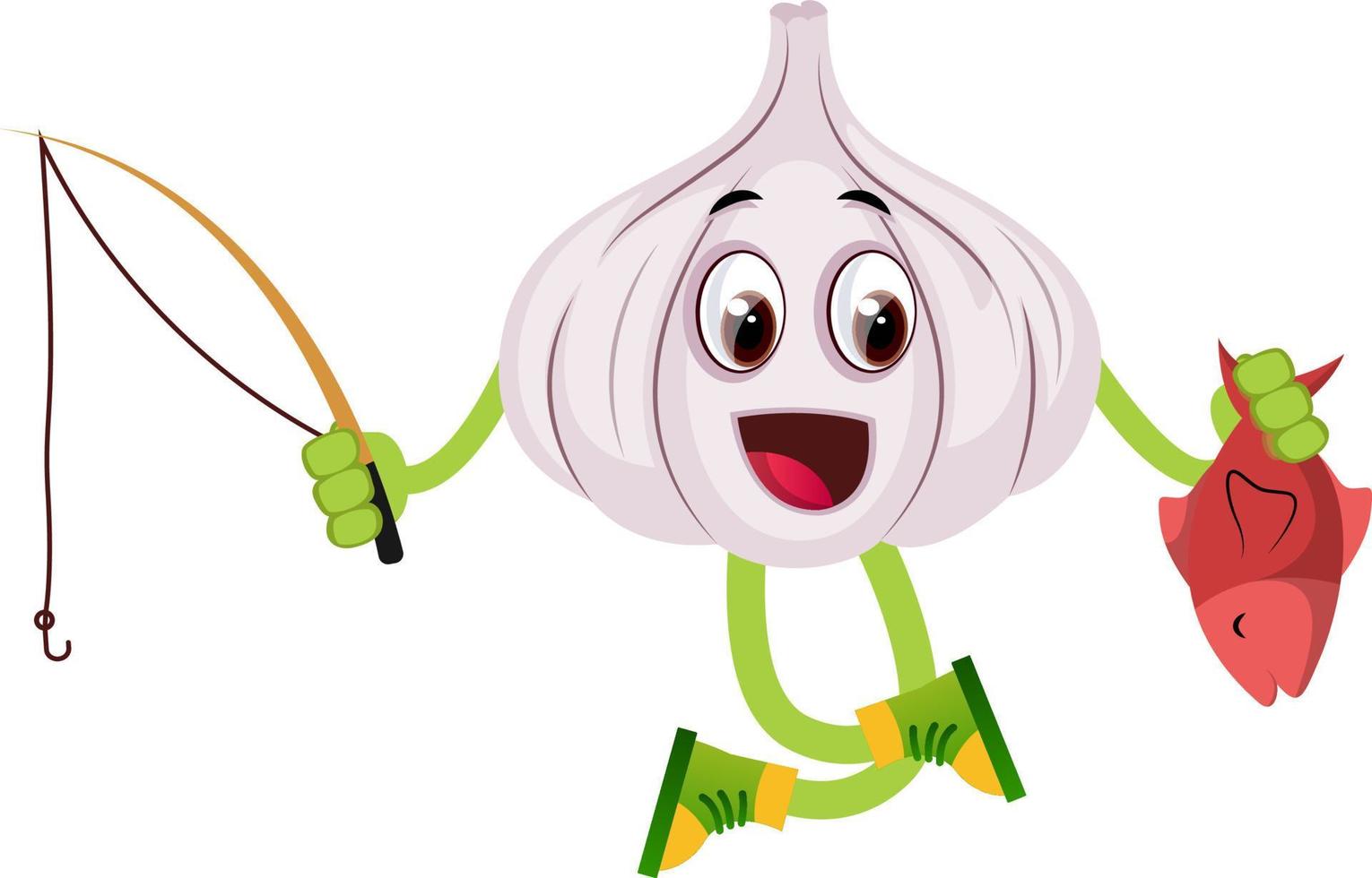 Garlic with fishing rod, illustration, vector on white background.