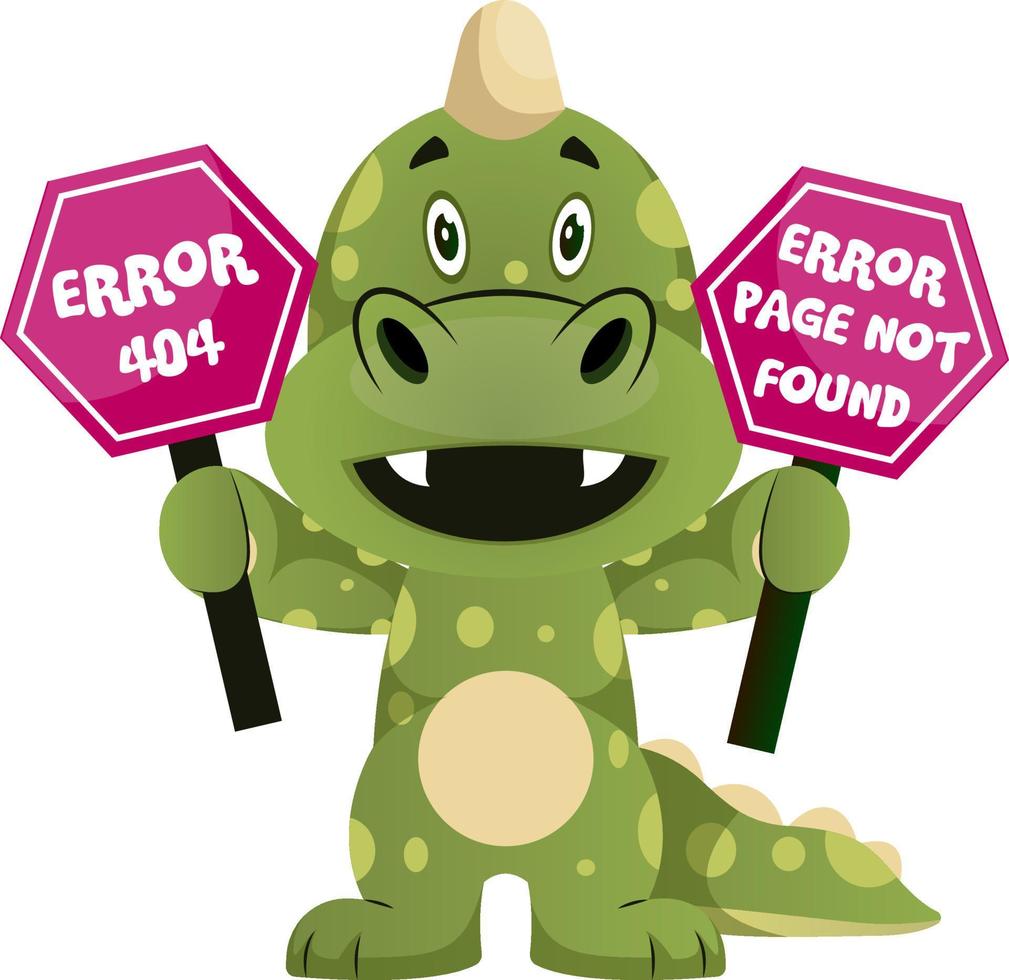 Green dragon is holding error sign, illustration, vector on white background.