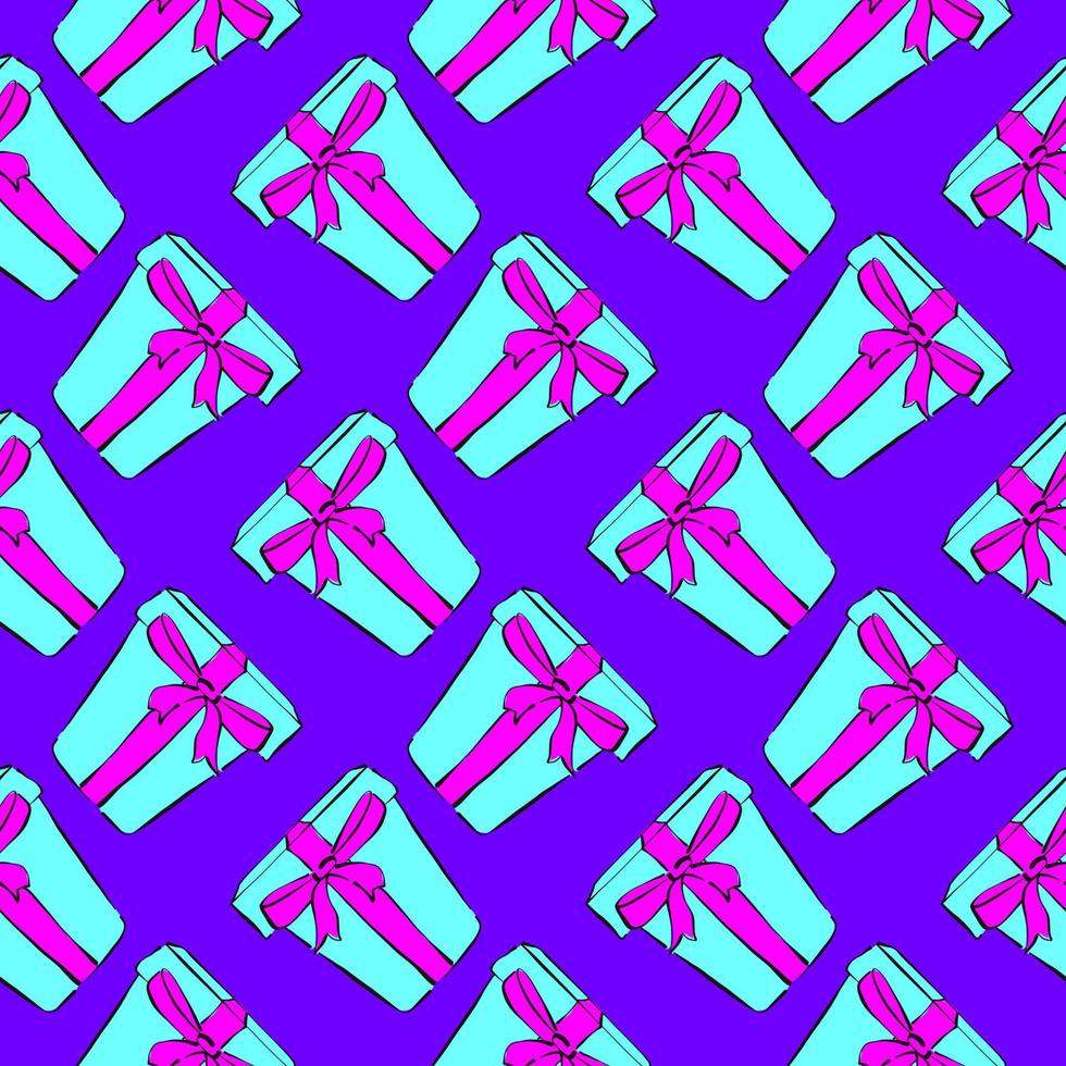 Blue present with a bow ,seamless pattern on violet background. vector