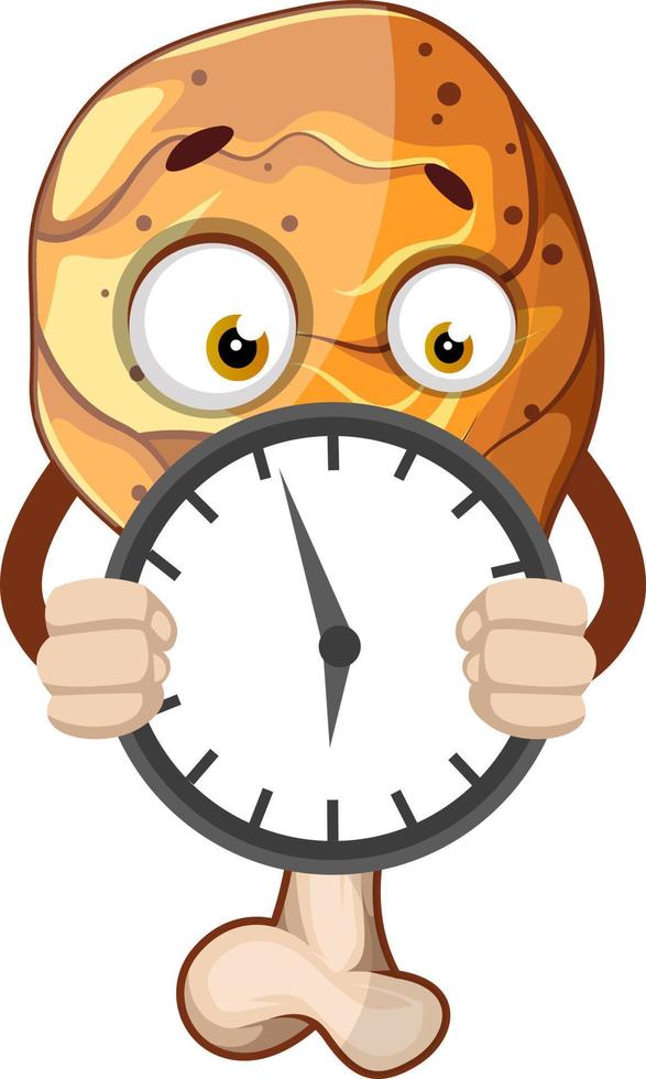 Fried chicken leg holding a clock, illustration, vector on white background.