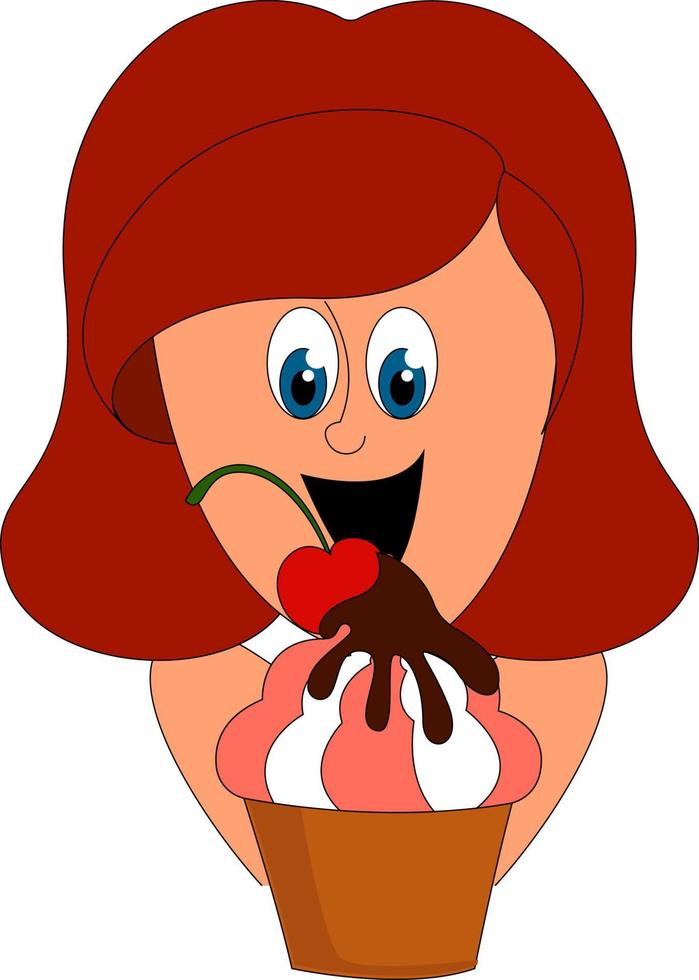 Happy girl with cake, illustration, vector on white background.