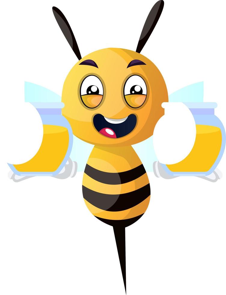 Bee holding two honey jars, illustration, vector on white background.