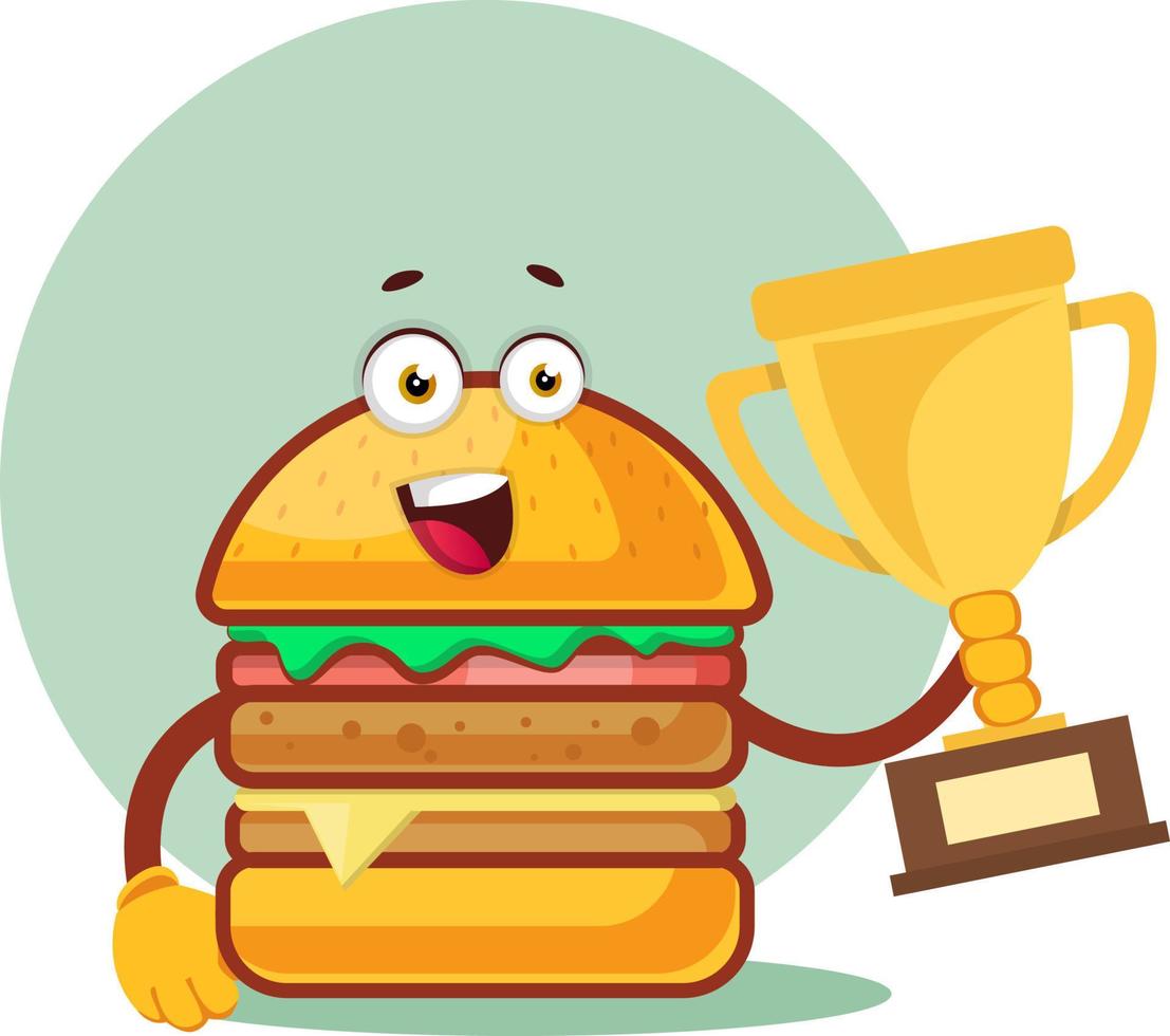 Burger is holding a trophy, illustration, vector on white background.