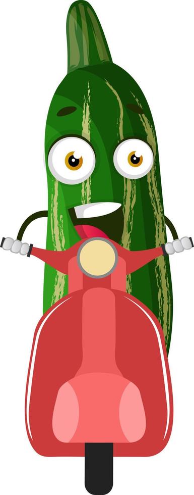 Cucumber on red scooter, illustration, vector on white background.