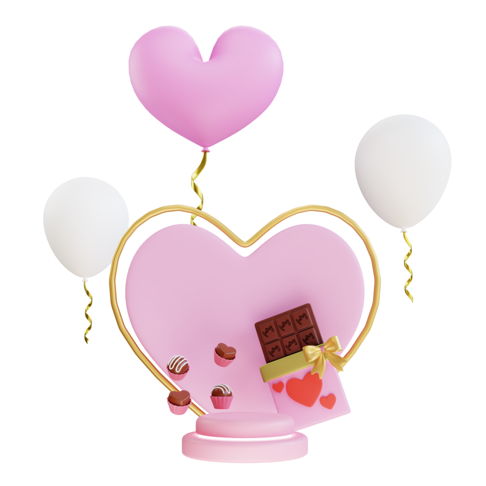 3d geven Valentijn chocola met liefde podium en ballonnen png