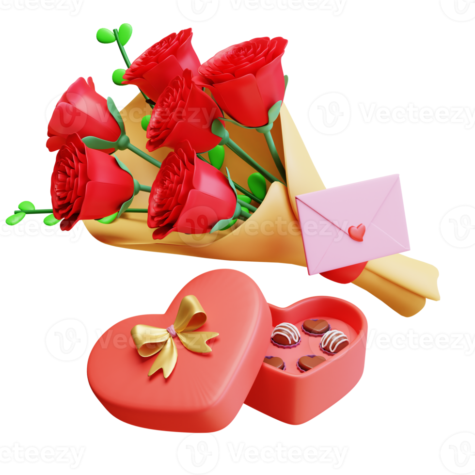 Rendu 3d bouquet de fleurs de la saint-valentin avec du chocolat png