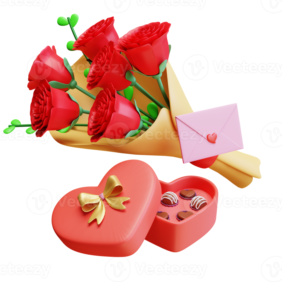 3d render valentine's flowers bouquet with chocolate png