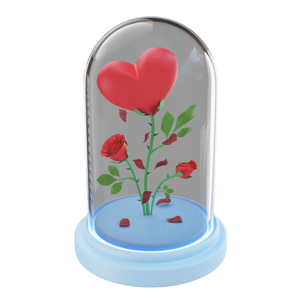 3d render heart flower in glass valentine's png