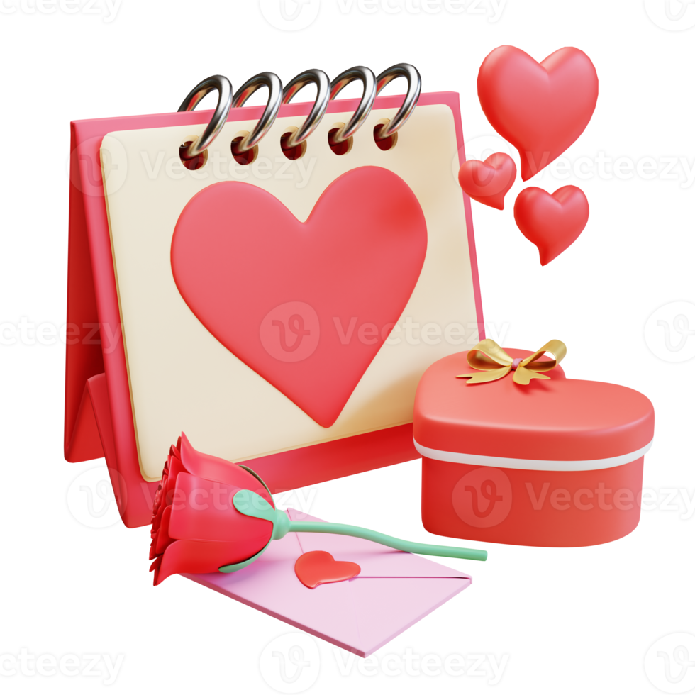 3d render caja de regalo de fecha de san valentín y carta de amor png