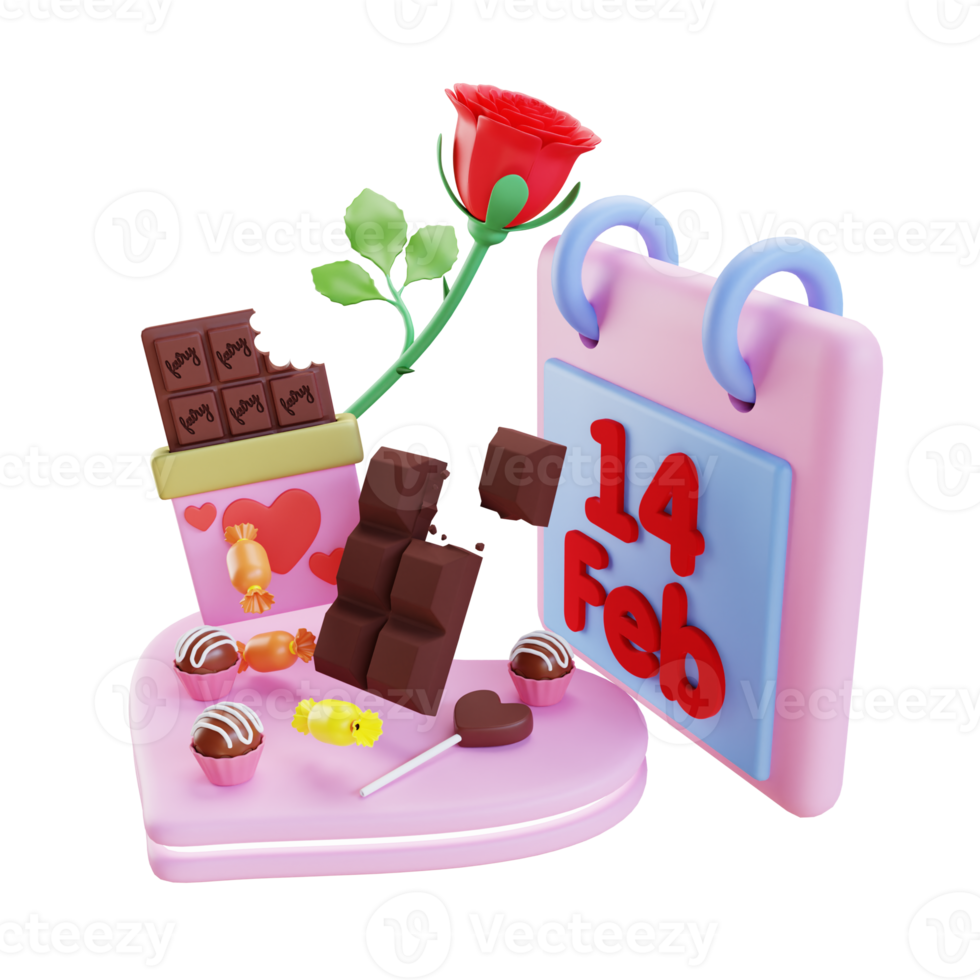 3D-Rendering Valentinstagsschokolade mit 14. Februar png
