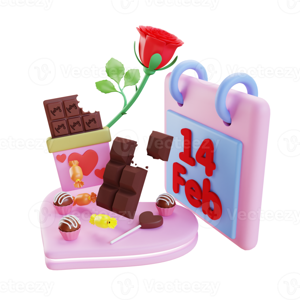 3d render valentine's chocolate with 14 february date png